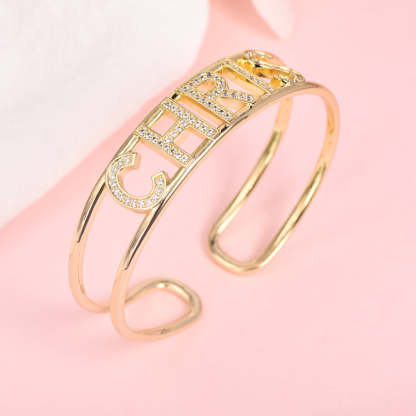 Two Tone Personalized Rhinestone Letter Name Cuff Bangle-silviax