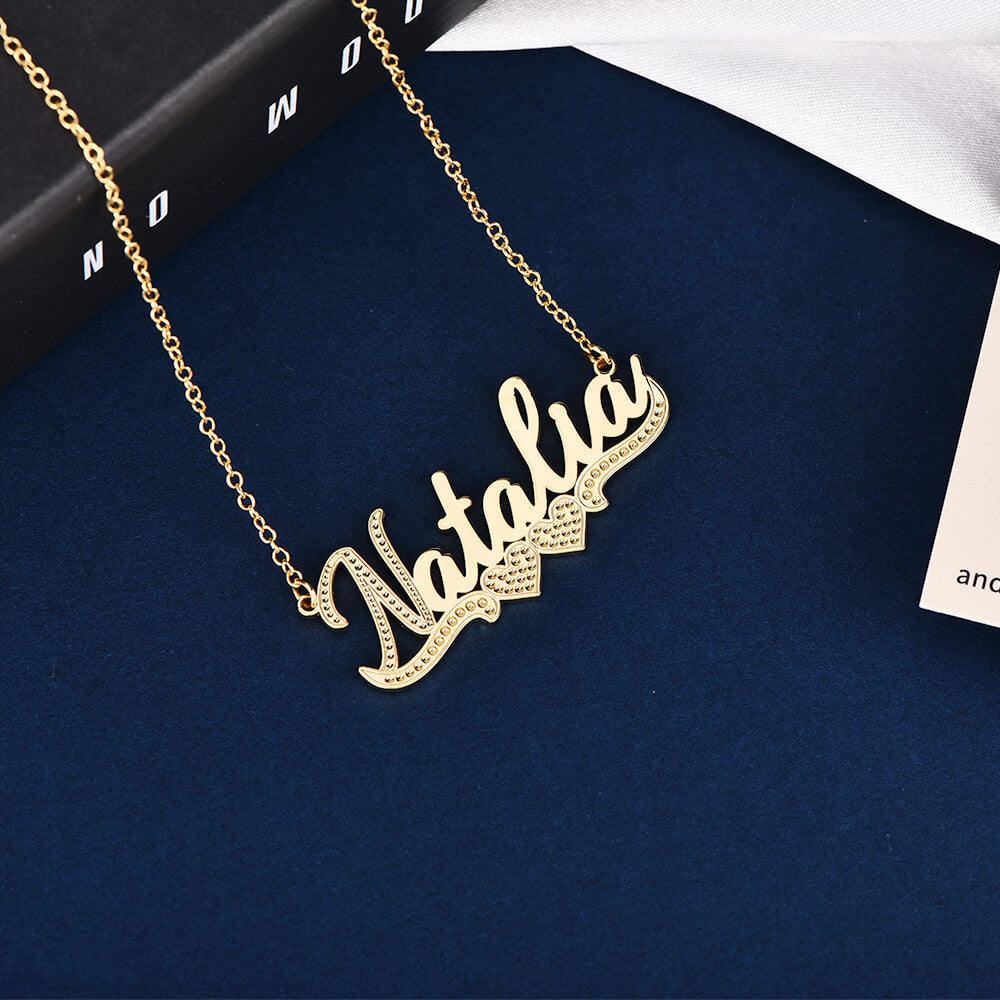 Two Hearts Nameplate Pendant Personalized Custom Gold Plated Name Necklace-silviax