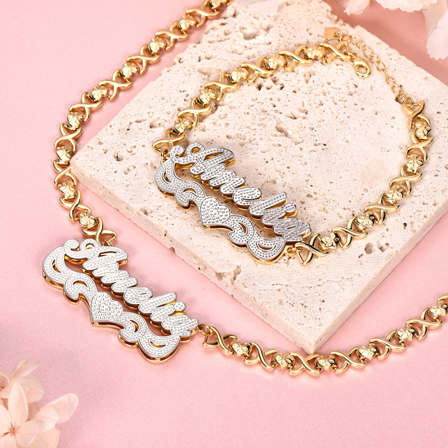 Personalized Double Plated XOXO Heart Name Necklace and Bracelet Set