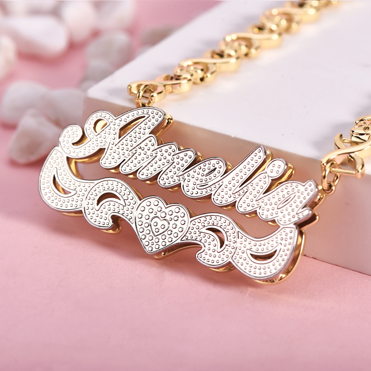 Double Layer Two-tone with Love Heart Custom Name Necklace and Bracelet Set-silviax