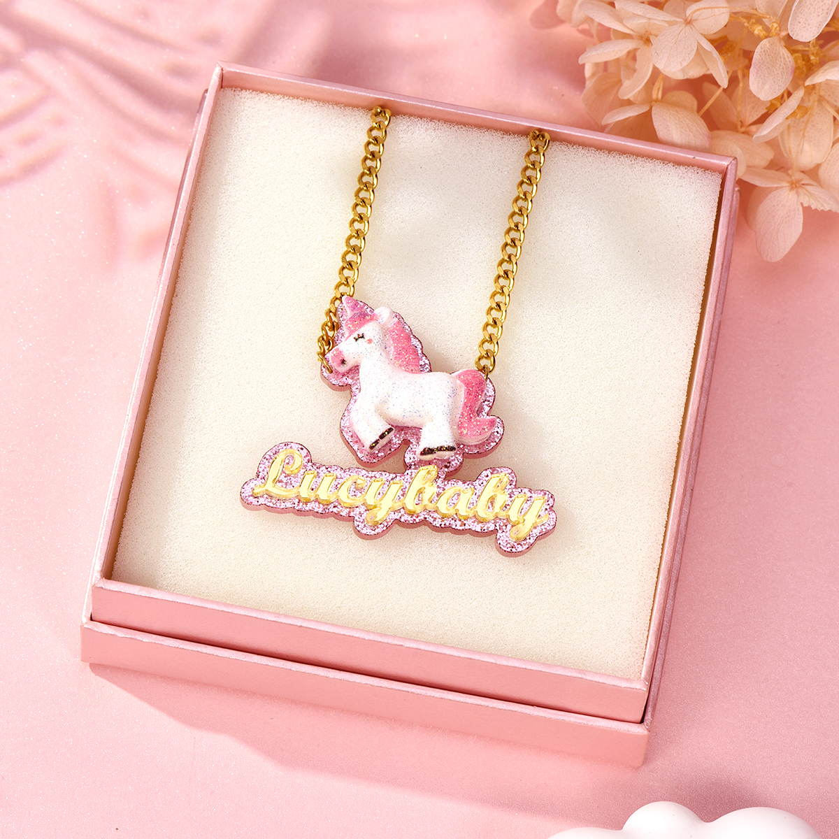 Happy Unicorn Acrylic Personalized Gold Plated Name Necklace-silviax