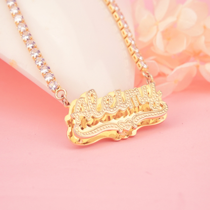 Double Plate Nameplate Heart with Tennis Chain Personalized Custom Gold Plated Name Necklace-silviax