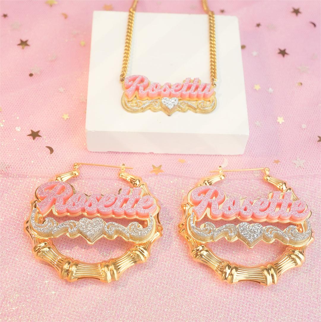 Pink Acrylic Personalized Heart Name Necklace and Bamboo Earrings Set-silviax