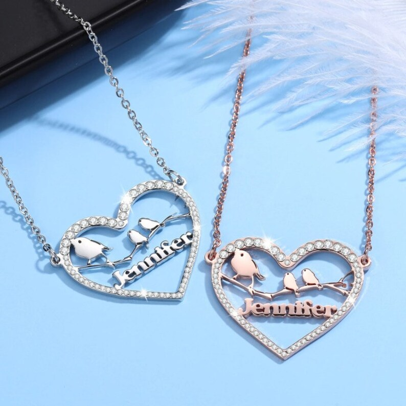 Love Birds Heart Nameplate Pendant Personalized Custom Gold Plated Name Necklace-silviax