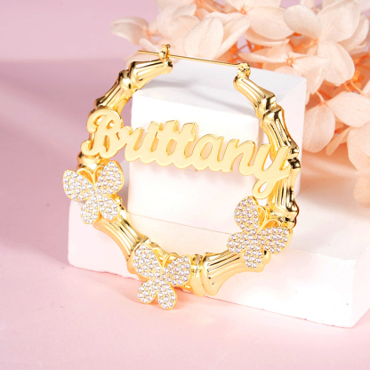 Butterfly Personalized Custom Gold Plated Name Bamboo Earrings-silviax