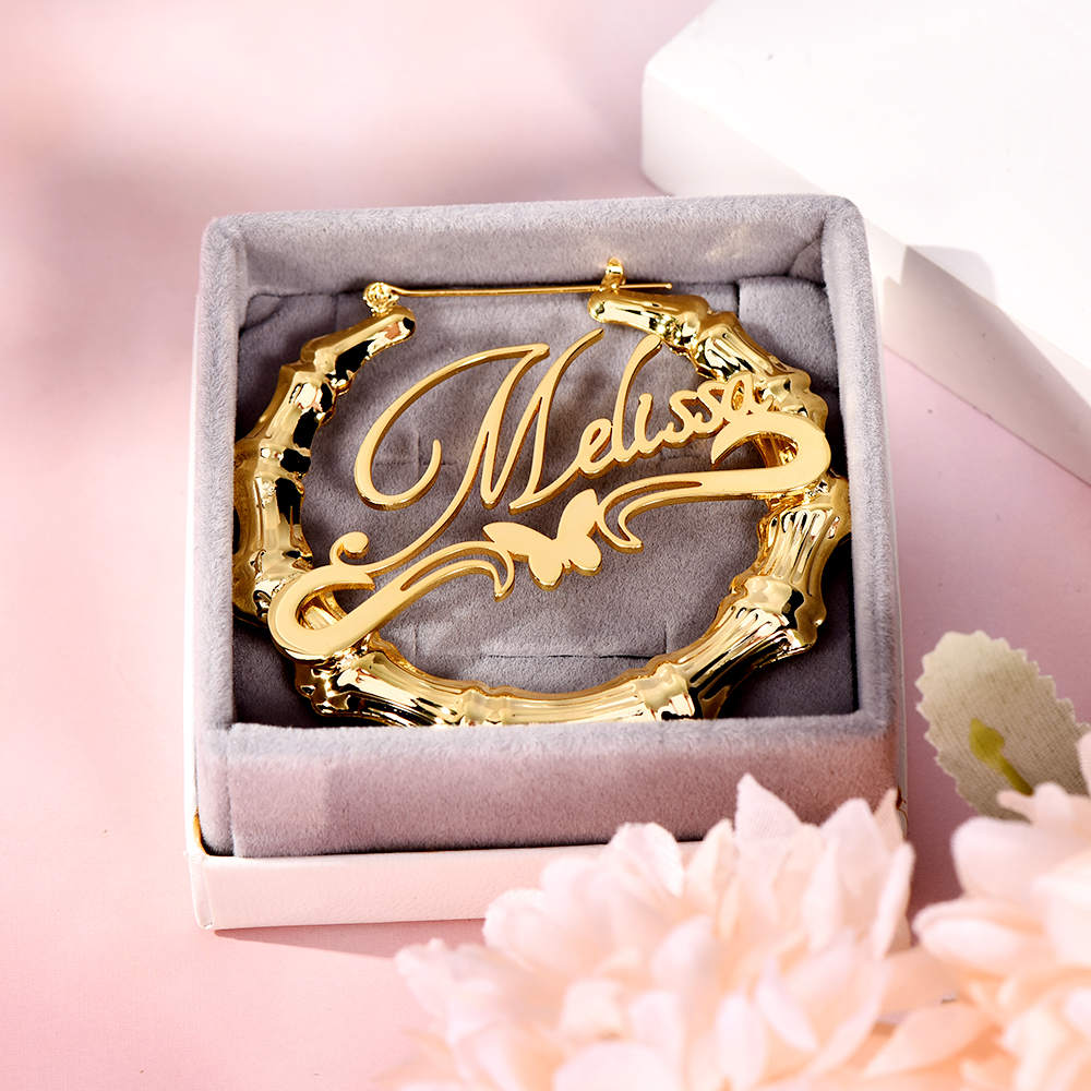 Personalized Custom Gold Plated Underline Butterfly Nameplate Bamboo Earrings-silviax