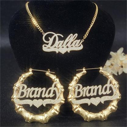 Bling Bling Nameplate with Heart Personalized Necklace Bamboo Earrings Set-silviax