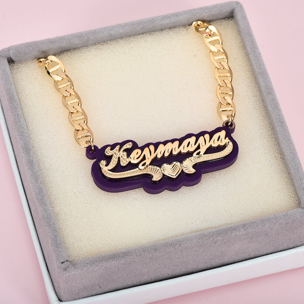 Purple Acrylic with Heart Double Layer Personalized Custom Gold Plated Name Necklace-silviax