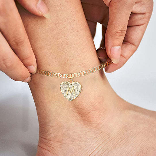 Personalized Double Layer Engraved Letter Initial Heart Anklets with Link Chain-silviax