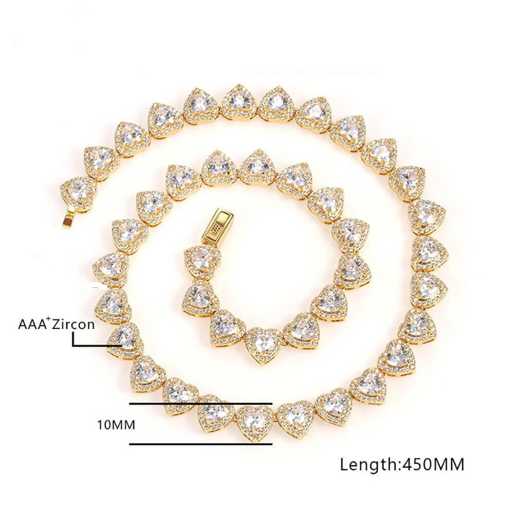 10mm White Heart Shaped Zircon Chain Gold Plated Necklace Hip Hop Style Jewelry-silviax