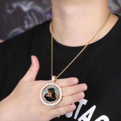 Rotating Double-Sided Round Pendant Gold Plated Personalized Photo Necklace-silviax