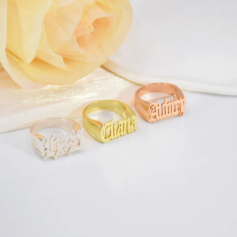 Custom Gold Plated Gothic Old English Name Ring-silviax