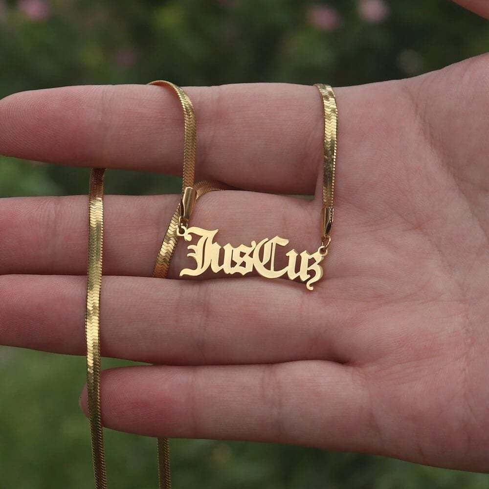 Old English Nameplate Pendant With Snake Chain Personalized Custom Gold Plated Name Necklace-silviax