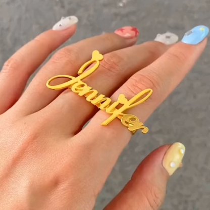 Two Finger Ring Personalized Custom Gold Plated Adjustable Love Heart Name Ring