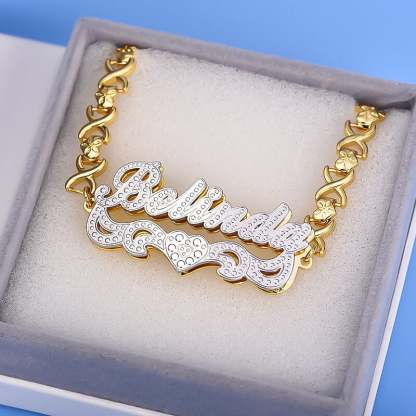 Double Layer Two Tone Nameplate XOXO Heart Chain Personalized Custom Gold Plated Name Bracelet-silviax
