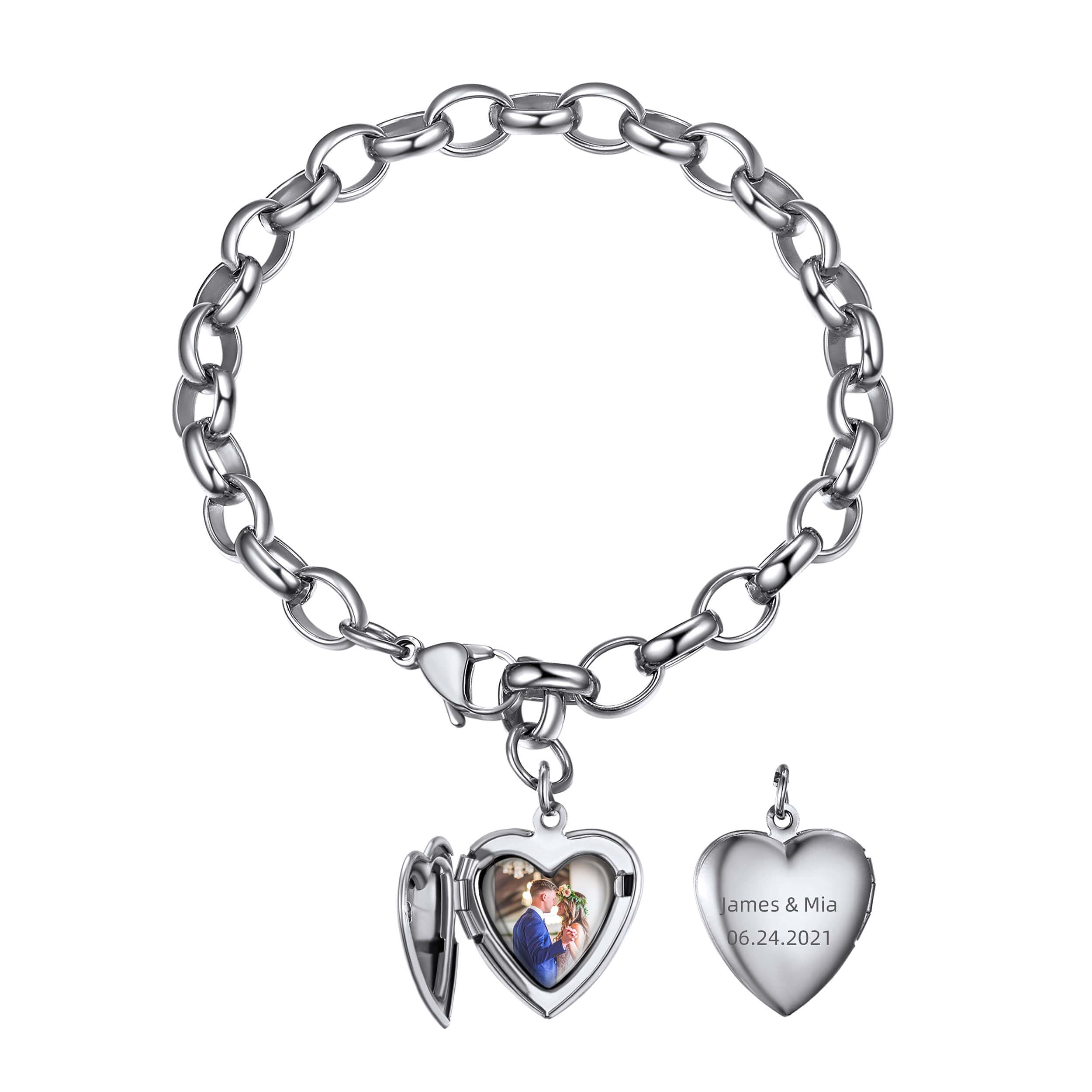 Heart Locket Engraved Text Personalized Custom White Gold Photo Bracelet-silviax