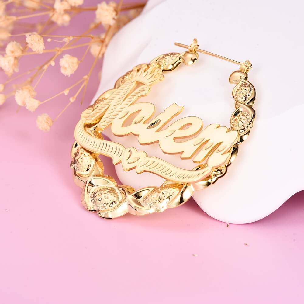 XOXO Bamboo Earrings with Crown Heart Personalized Custom Gold Plated Name Earrings-silviax