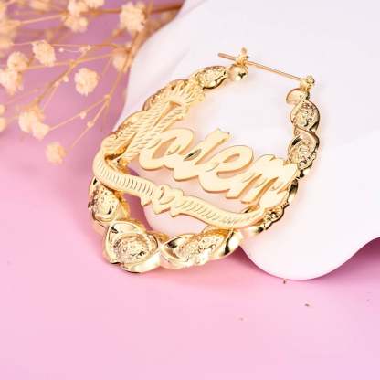 XOXO Bamboo Earrings with Crown Heart Personalized Custom Gold Plated Name Earrings-silviax