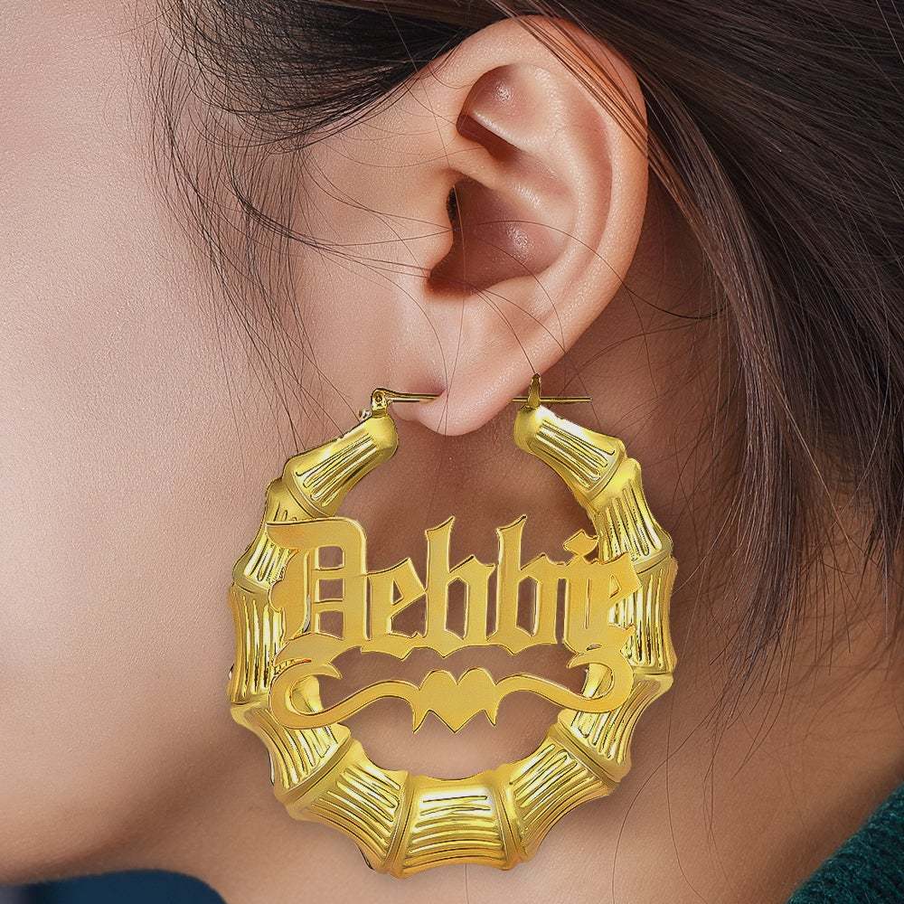 Gold Plated Personalized Old English Hoop Bamboo Name Earring with Heart-silviax