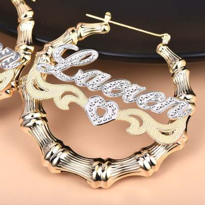 Two Tone Hollow Heart Bamboo Earrings Personalized Custom Gold Plated Name Earrings-silviax