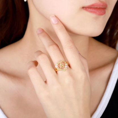 Heart Shaped Pink Enamel Flower Gold Plated Personalized Custom A-Z Initial Letter Ring-silviax