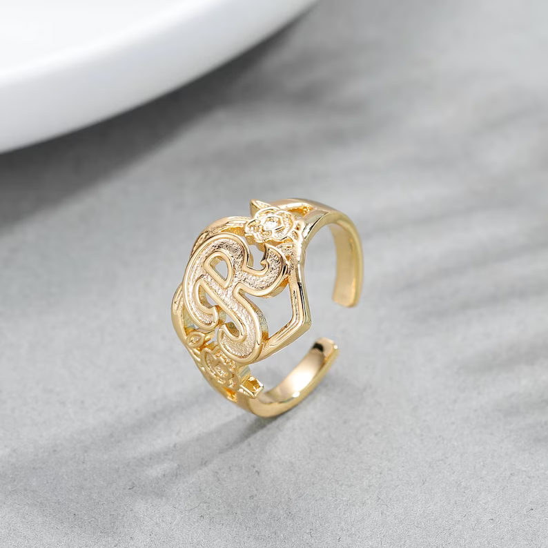 Personalized Custom Gold Plated Capital Letter Initial Heart Ring with Flowers