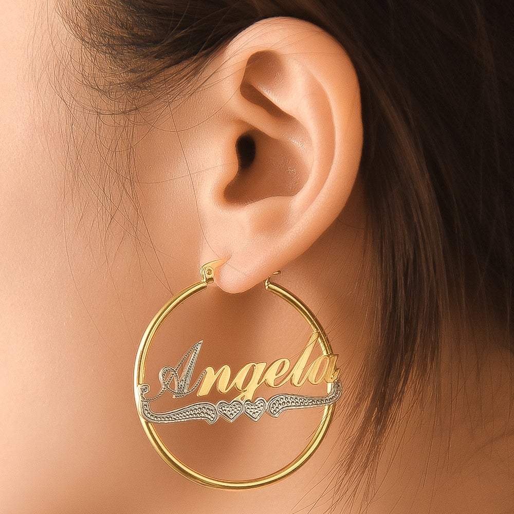 Two Tone Gold Plated Hoop Personalized  Name Earrings with Heart-silviax