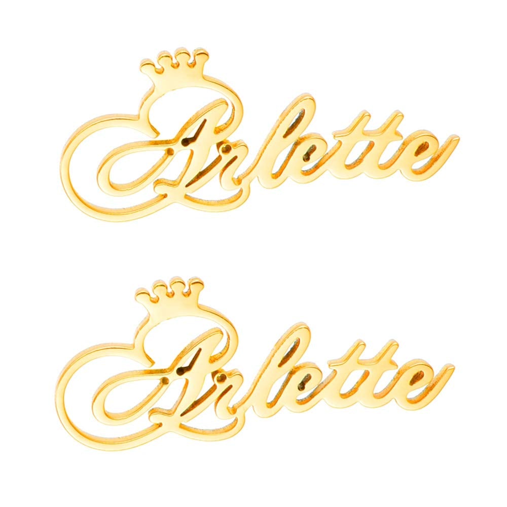 Gold Plated Personalized Name Earrings with Crown-silviax