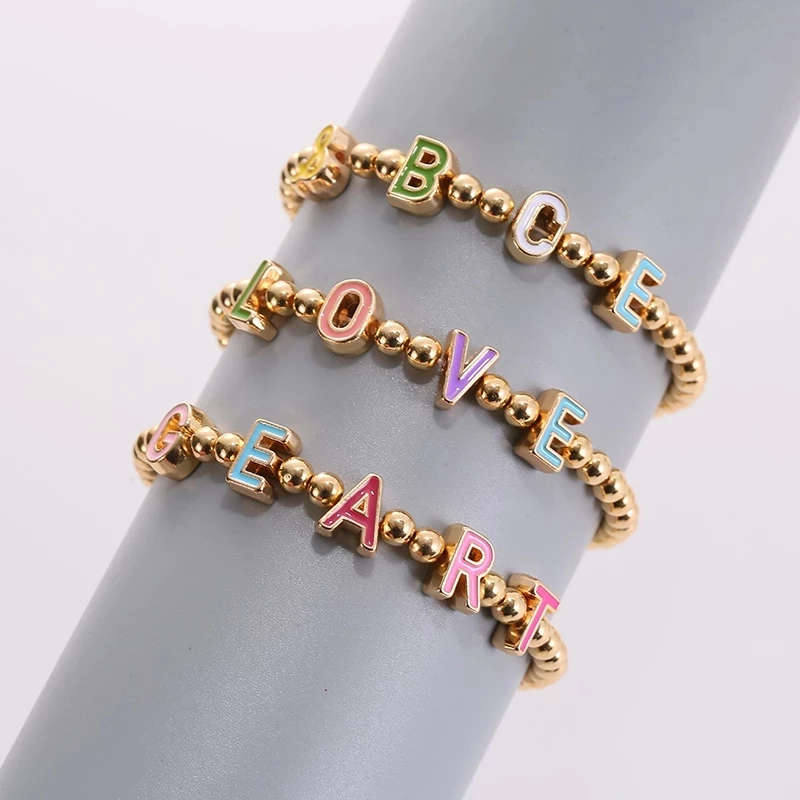 Colorful Enamel Capital Letters and Golden Beads Name Bracelet-silviax