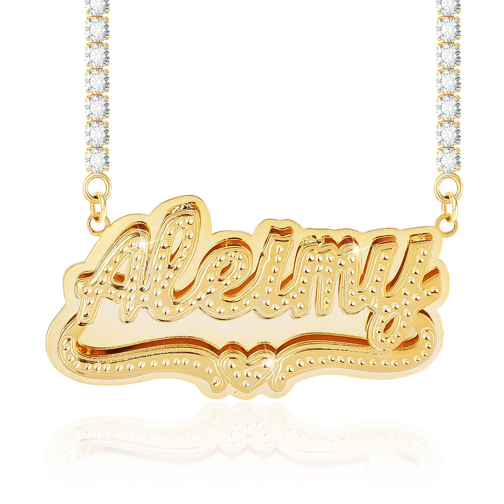 Double Plate Nameplate Heart with Tennis Chain Personalized Custom Gold Plated Name Necklace-silviax