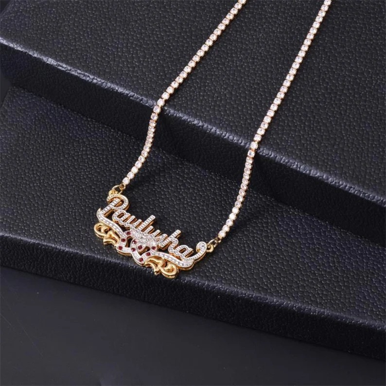 Double Layer Two Heart with Birthstone Personalized Custom Name Necklace Tennis Chain-silviax