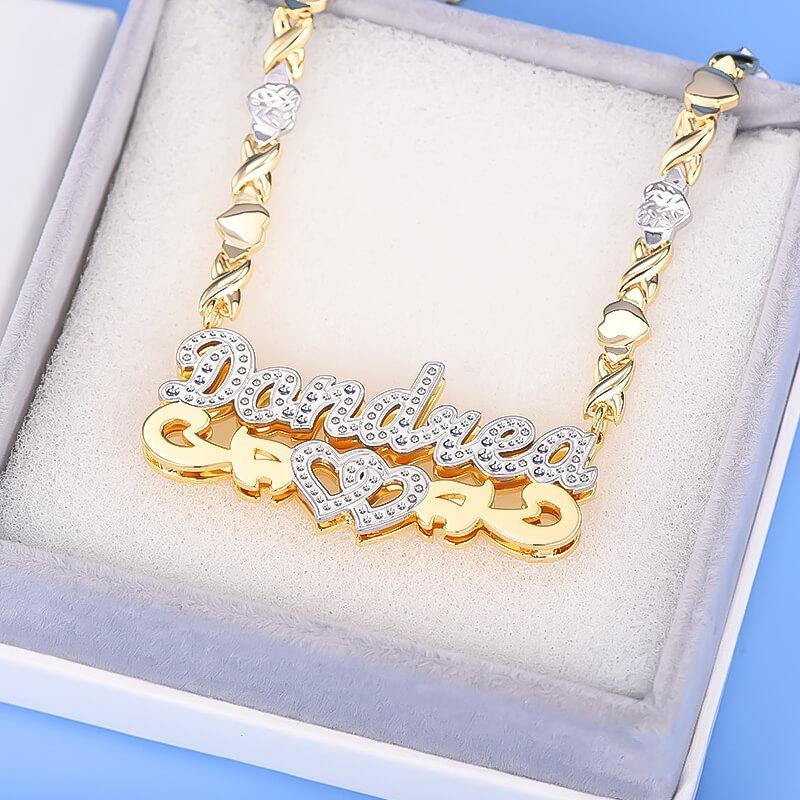 Double Layer Two Tone Hollow Heart with XOXO Heart Chain Personalized Custom Name Necklace-silviax