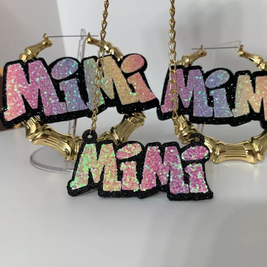 [Copy]Pink Color Acrylic Jewelry Set Personalized Custom Name Necklace Bamboo Hoop Earrings Set