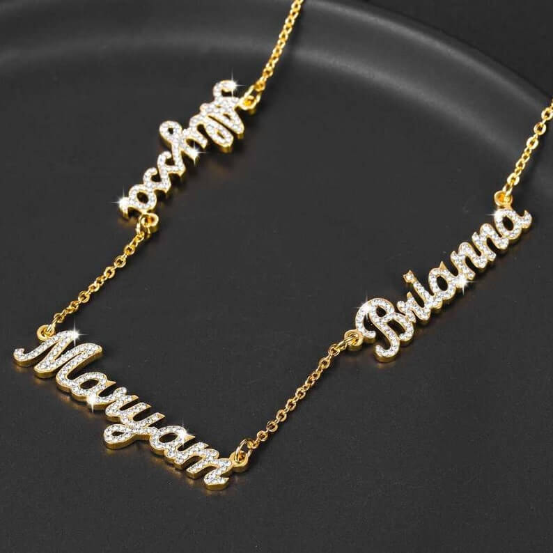 Three Names Inlaid Zircon Nameplate Pandant Personalized Custom Gold Plated Name Necklace-silviax