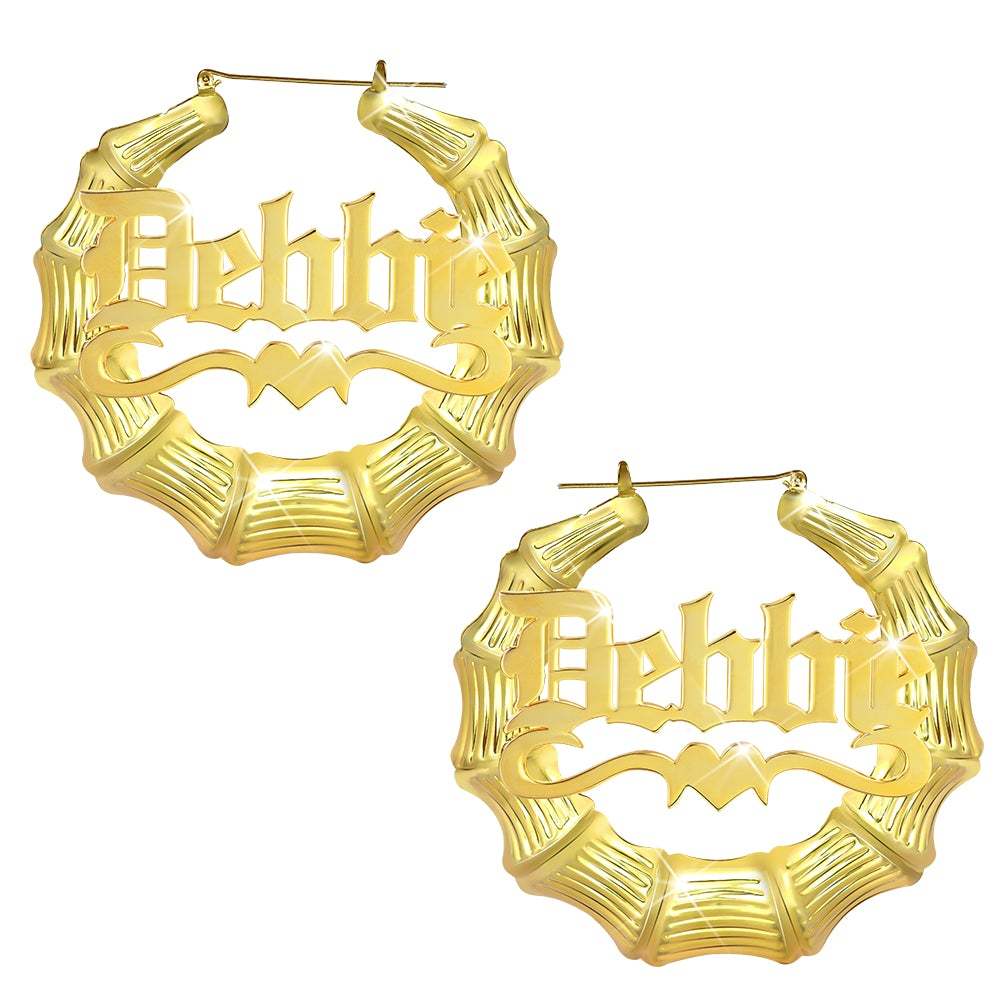 Gold Plated Personalized Old English Hoop Bamboo Name Earring with Heart-silviax