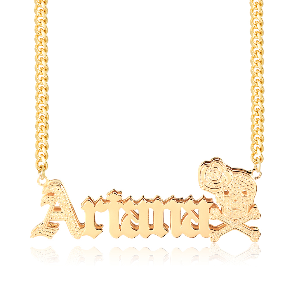 Halloween Cuban Chain Skull and Rose Double Layer Personalized Custom Old English Name Necklace-silviax