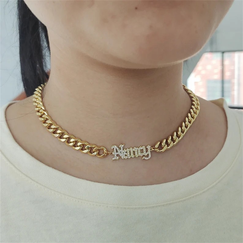 Cuban Chain Personalized Custom Zirconia Nameplate Chocker Gold Plated Name Necklace-silviax