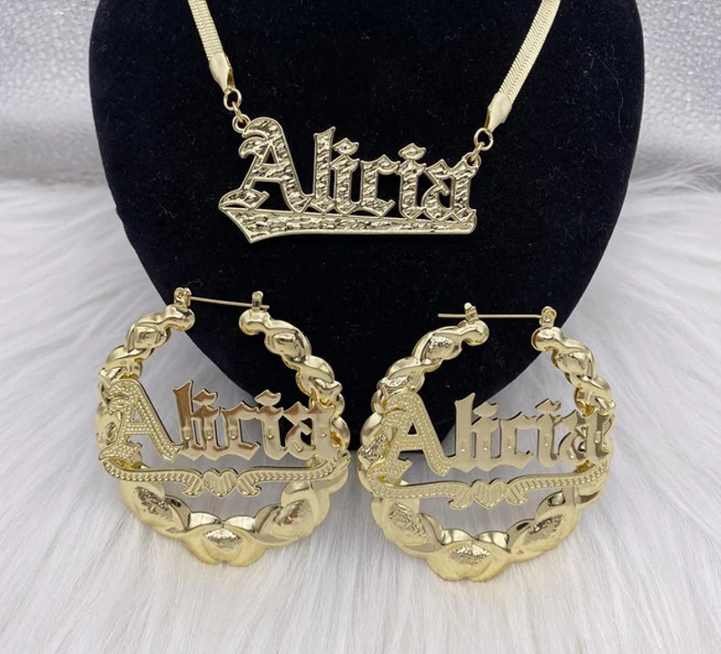 Double Layer Gold Plated Snake Chain Name Necklace And Heart Nameplate Name Bamboo Earrings Set-silviax