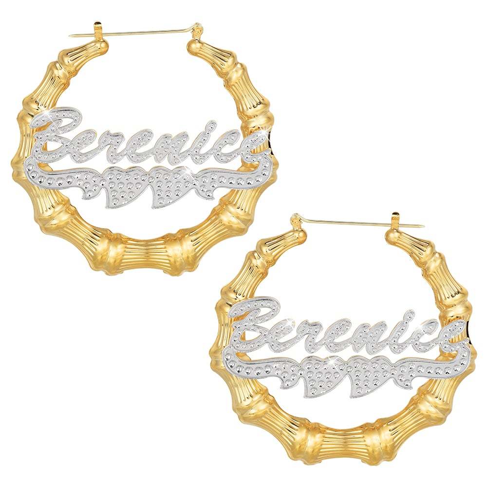 Two Tone Double Heart Hoop Bamboo Personalized Custom Name Earrings Gold Plated-silviax