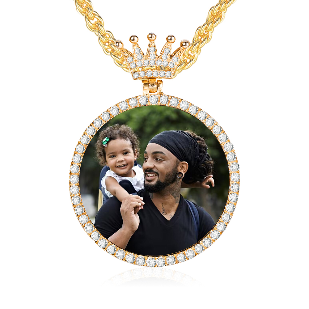 Crown Clasp Medallions Custom Photo Memory Circular Pendant Necklace Gold Plated Necklace-silviax