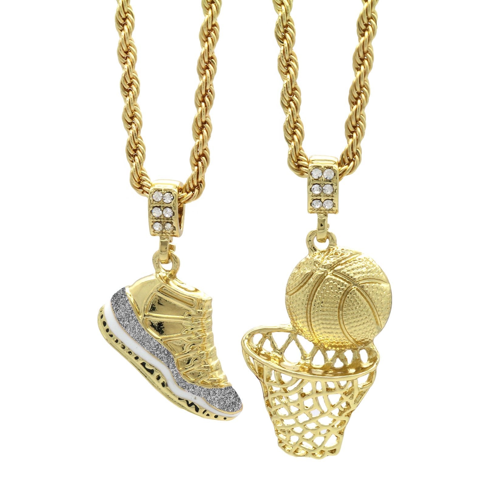 Hip Hop Retro Shoes Pendant & Basketball Basketball Hoop Pendant Gold Plated Necklace-silviax