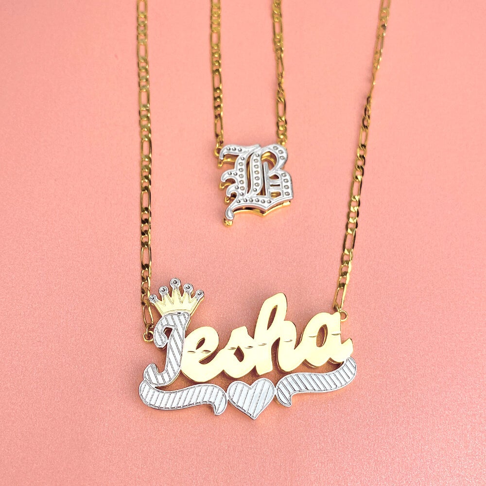 Double Layer Two Tone Initial Necklace And Crown Heart Name Necklace Personalized Custom Gold Plated Set-silviax