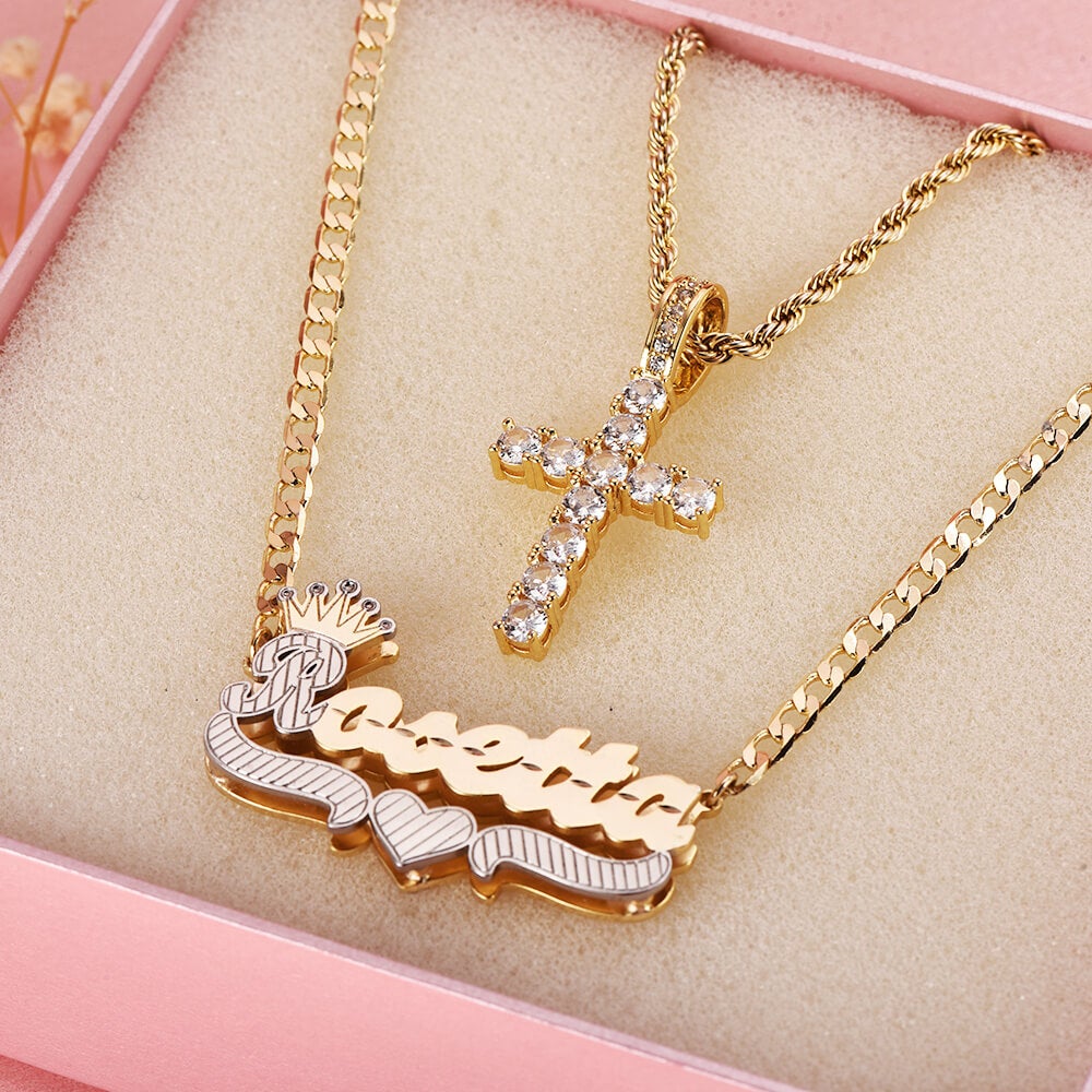 Cross Pendant Necklace and Double Layer Two Tone with Crown Heart Personalized Custom Name Necklace Set-silviax