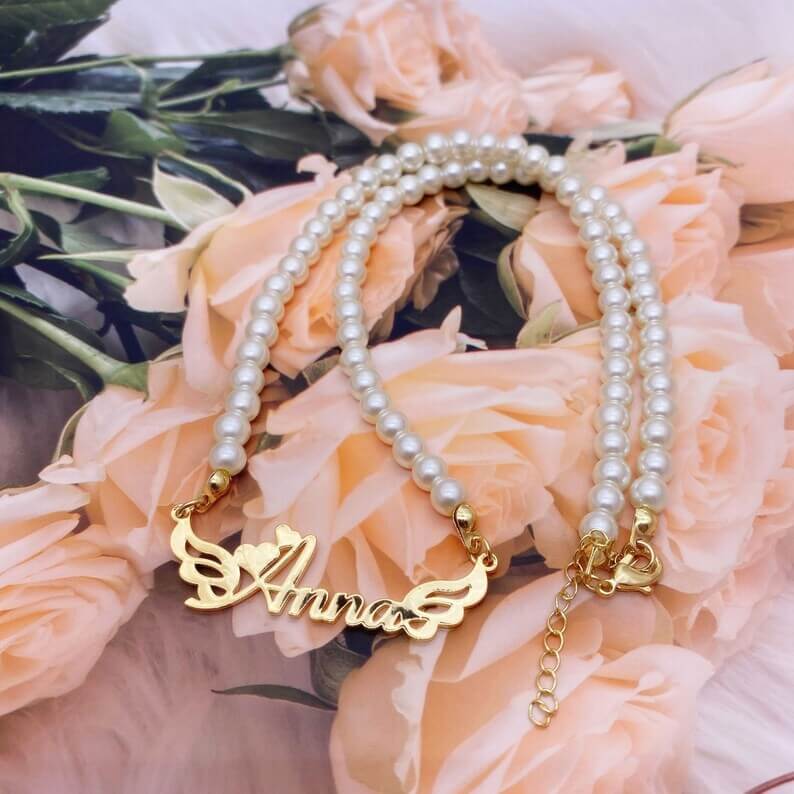 Angel Wing with Pearl Chain Personalized Custom Gold Plated Name Necklace-silviax
