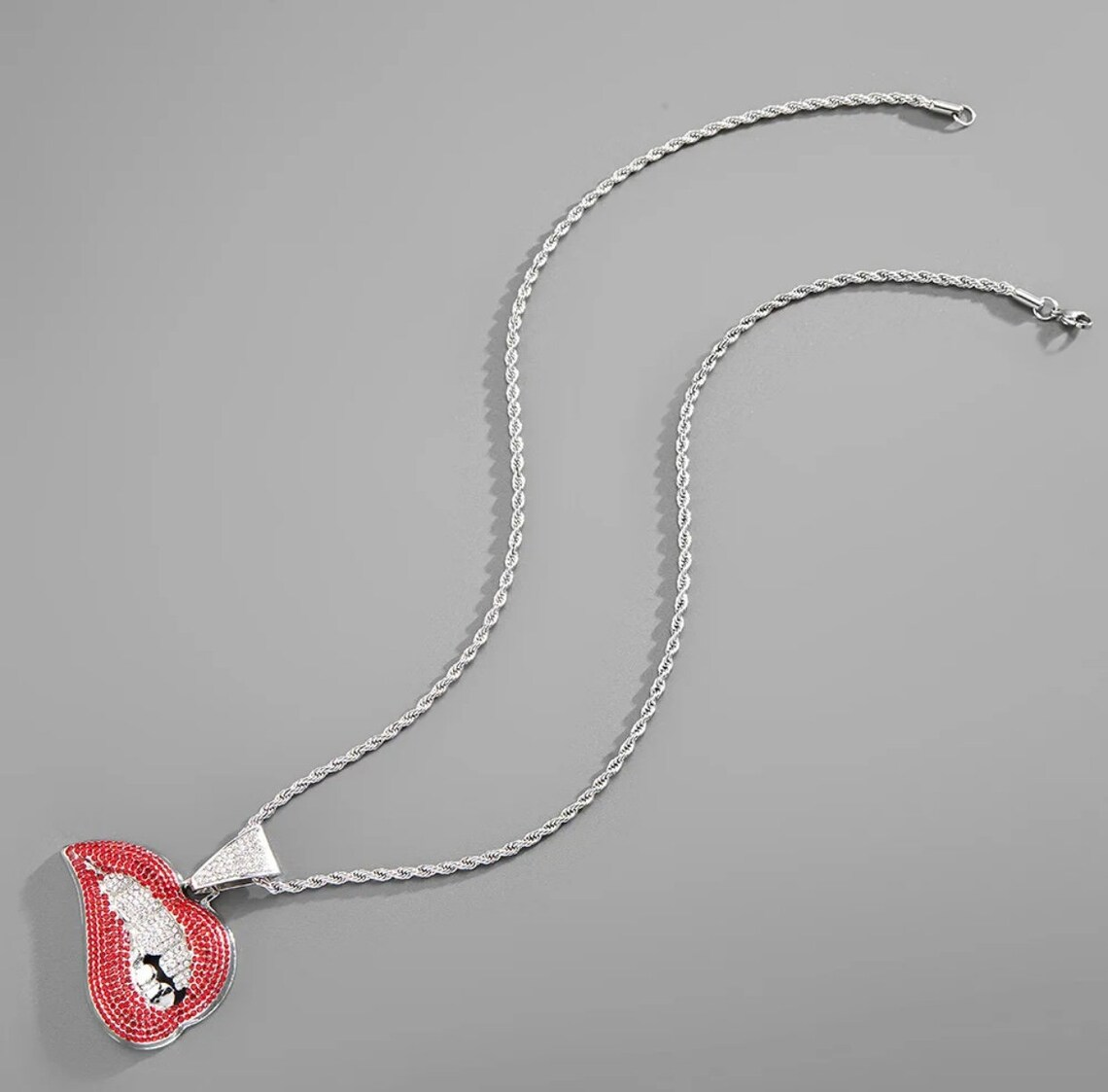 Iced Out Zircon Bling Lip Kiss Pendant Necklace Fashion Street Style