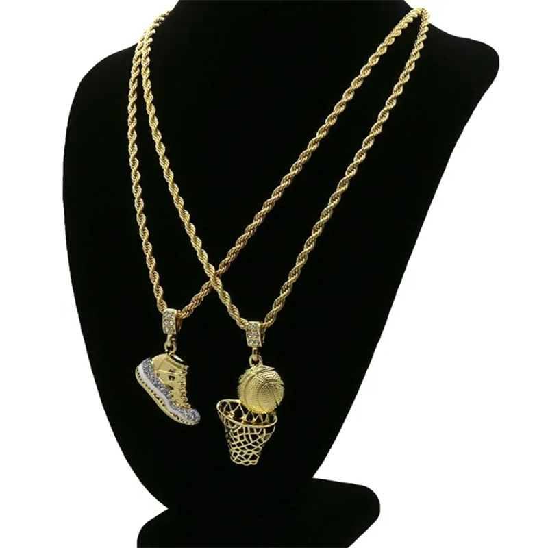Hip Hop Retro Shoes Pendant & Basketball Basketball Hoop Pendant Gold Plated Necklace-silviax