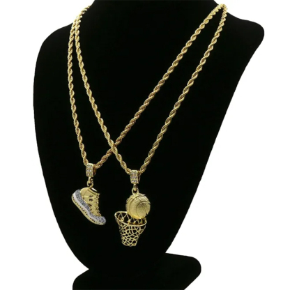 Hip Hop Retro Shoes Pendant & Basketball Basketball Hoop Pendant Gold Plated Necklace-silviax