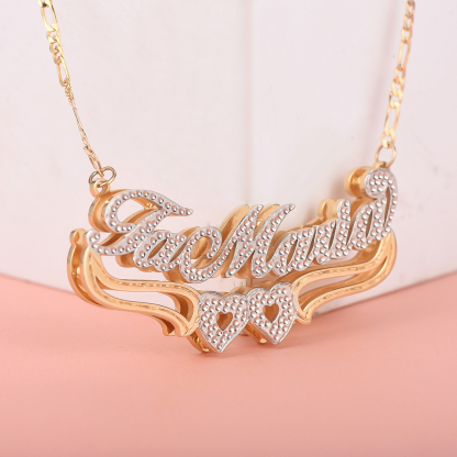 Two Tone Gold Plated Personalized Hollow Heart Double Plate 3D Name Necklace