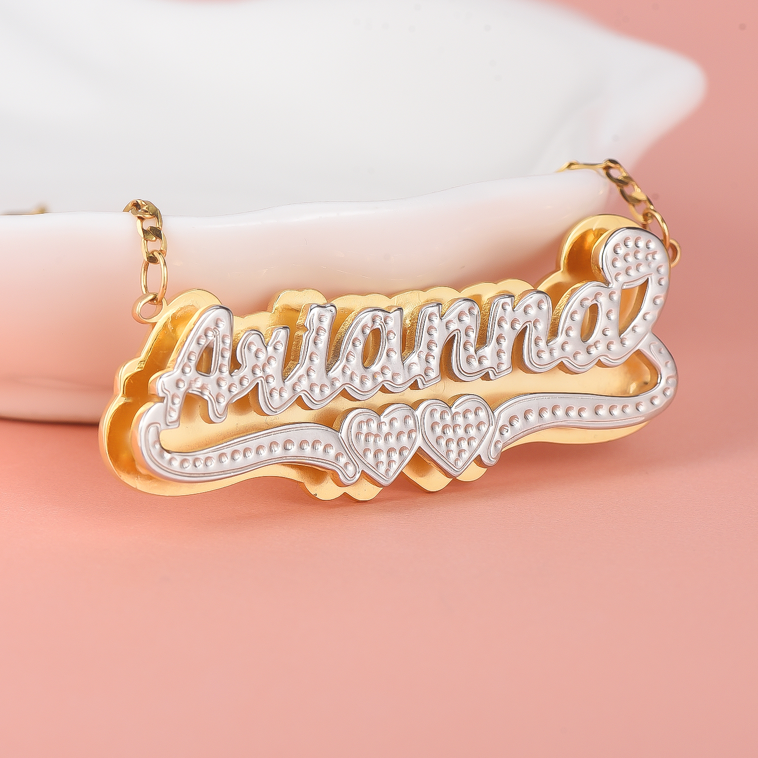 Personalized Custom Double Layer Two Tone Double Hearts Gold Plated Name Necklace