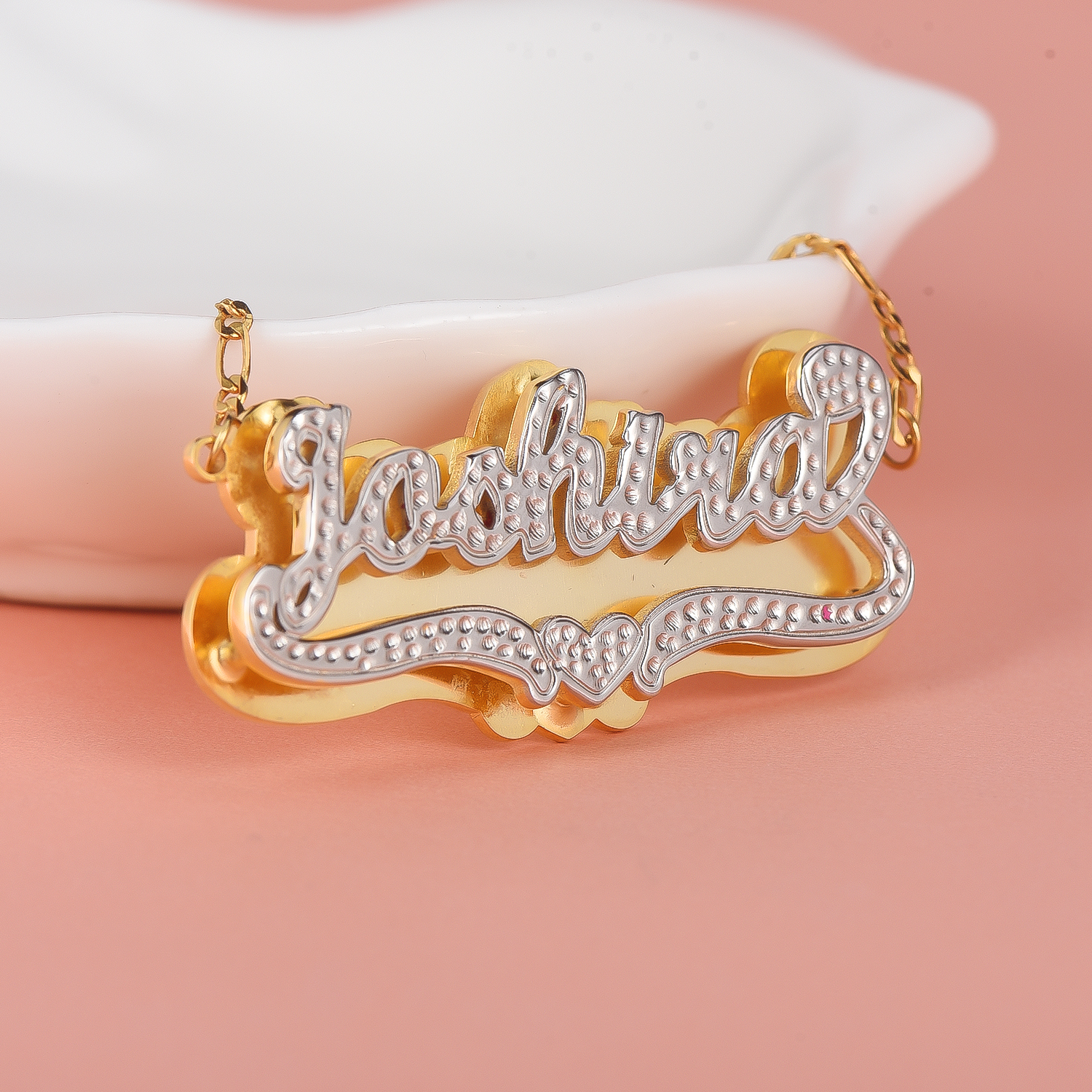 Double Plate Two Tone with Heart Personalized Custom Gold Plated Name Necklace